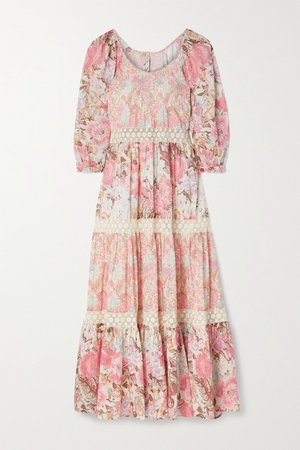 Evren Crocheted Lace-trimmed Floral-print Cotton And Silk-blend Maxi Dress - Pastel pink