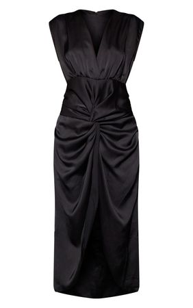 Black Satin Plunge Draped Skirt Midi Dress | PrettyLittleThing USA