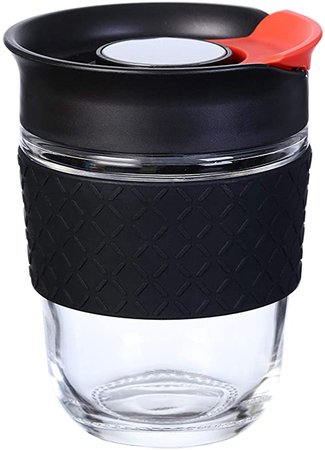 Amazon.com: Coffee Travel Mug, 12oz/360ml Borosilicate Glass Reusable Coffee Cup with Flip-open Lid, 100% BPA Free, Microwave Safe, Anti-slip Silicone Sleeve (Black) : Home & Kitchen