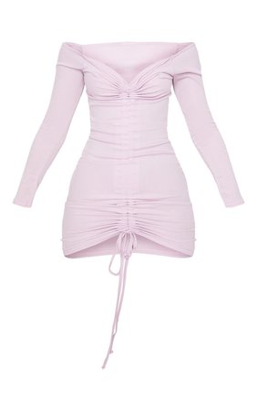 Lilac Ribbed Long Sleeve Bardot Bodycon Dress | PrettyLittleThing USA lilac