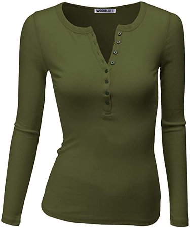 Doublju Women's Long Sleeve Henly Neckline Comfortable Basic Tee Olive 1X at Amazon Women’s Clothing store