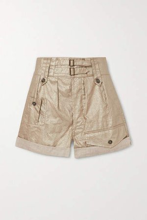 Buckled Metallic Linen Shorts - Beige