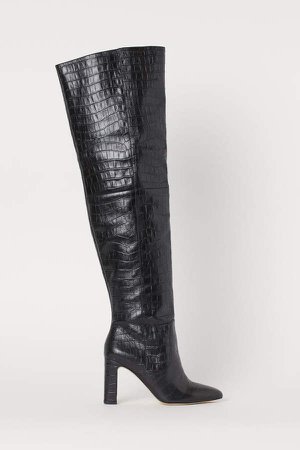 Leather Thigh-high Boots - Black