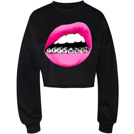 Long Sleeve Lip Print Black Sweatshirt