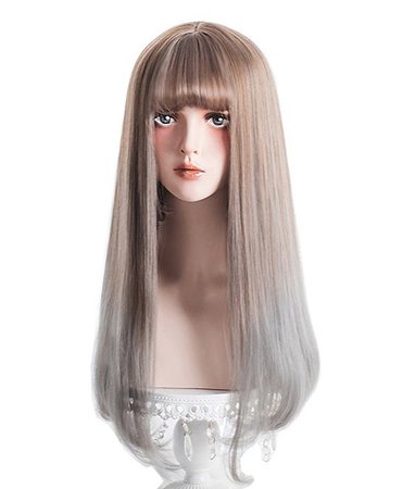 Long Straight Gray Ombre Wig - 2 Tones Wig with Bangs Natural Looking Synthetic Lolita Wig with Wig Cap, Great Choice for Cosplay Costume