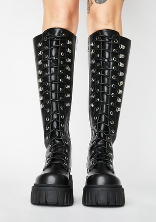 Current Mood Vegan Leather Knee High Combat Boots - Black | Dolls Kill
