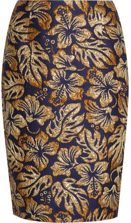 Metallic Floral-jacquard Pencil Skirt - Navy