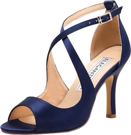 Amazon.com | ELEGANTPARK HP1820 Navy Blue Heels Strappy Sandals for Women Wedding Sandals Peep Toe High Heel Sandals Satin Party Prom Evening Dress Shoes Buckle US 10 | Heeled Sandals