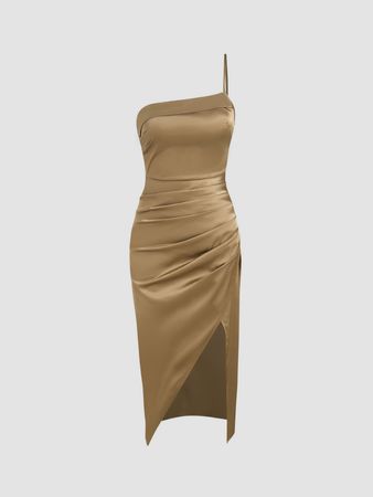 Solid Satin Asymmetrical Neck Ruched Midi Dress - Cider