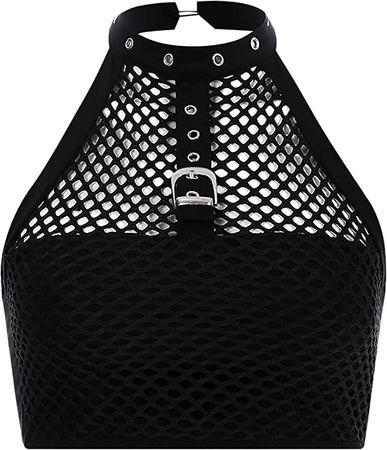 jascaela Women's Sexy Fishnet Choker Buckle Halter Crop Tank Top Backless Punk Cami Bandeau Clubwear for Rave Party at Amazon Women’s Clothing store
