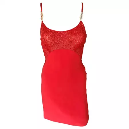 Gianni Versace F/W 1996 Runway Vintage Embellished Sheer Red Evening Mini Dress For Sale at 1stDibs