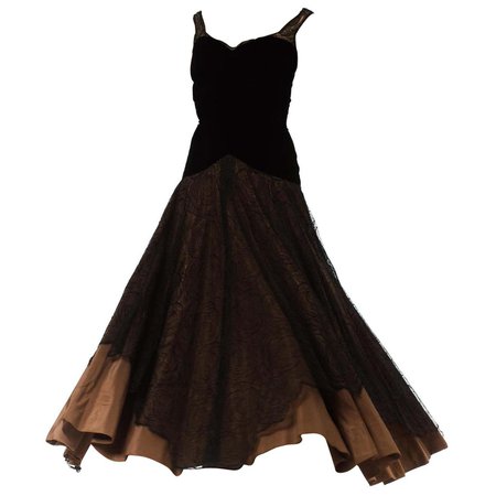 1940s Black and Copper Rayon Velvet Silk Taffeta Gown For Sale at 1stDibs