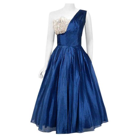 Vintage 1950's Beaumelle Sapphire Organza and Metallic Lace One-Shoulder Dress For Sale at 1stDibs | blue organza dress