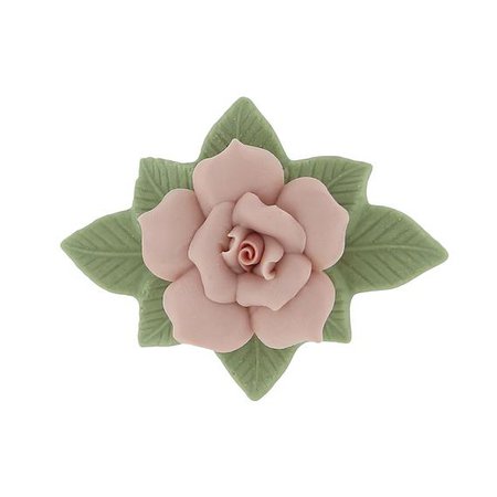 1928 Jewelry Large Pink Genuine Porcelain Rose and Green Leaf 14K Gold-Dipped Bar Pin
