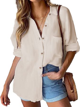 Hotouch Oversized Button Down Shirt Women Long Sleeve Blouses for Women Business Casual Tops Khaki XXL at Amazon Women’s Clothing store
