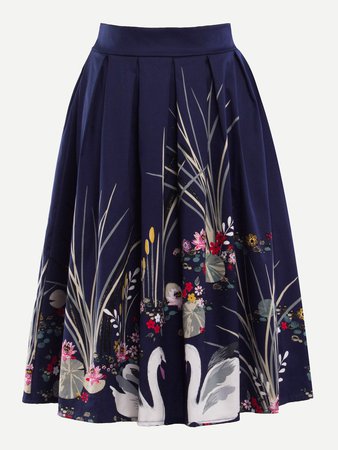 Floral Print Zip Up Pleated Skirt