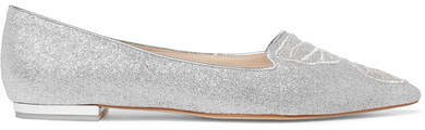 Bibi Butterfly Embroidered Glittered Leather Point-toe Flats - Silver