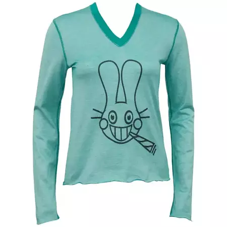 Lucien Pellat-Finet Spring Summer 2003 Teal Long Sleeve Shirt with Bunny For Sale at 1stDibs
