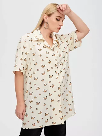 Plus All Over Butterfly Print Button Front Blouse | SHEIN USA