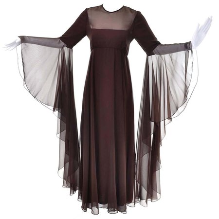 Vintage Estevez Dress in Brown Chiffon with Statement Sleeves Evening Gown For Sale at 1stDibs