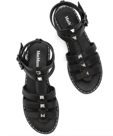 MaxMuxun Women's Gladiator Sandals Flat Open Toe Ankle Strap Studded Sandals Flats for Women Dressy Summer Black 7 | Flats