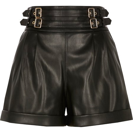 Petite black faux leather paperbag shorts | River Island