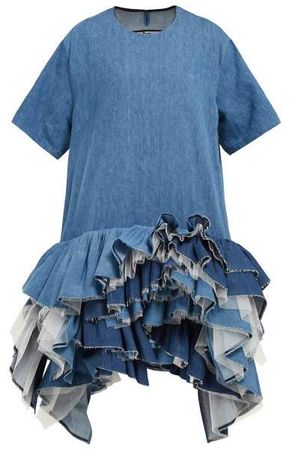 Ruffled Tulle Tier Cotton Blend Denim Dress - Womens - Blue
