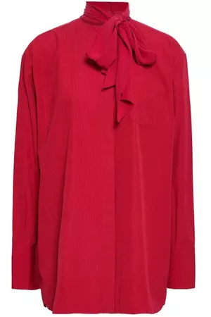 Valentino Pussy-bow striped poplin and silk crepe de chine blouse Red | the urge AU