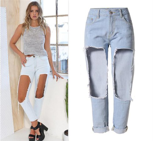 2020 Big Holes In Thigh And Knee Women Super Distressed Denim Boyfriend Ripped Jeans Plus Size High Waist Ankle Length Straight Jeans From Toppestfashiongirls, $19.09 | DHgate.Com