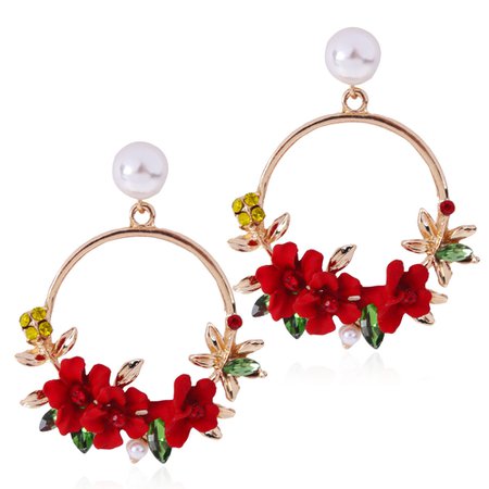 red floral hoop earrings