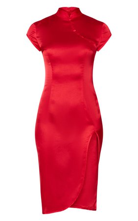 Red High Neck Short Sleeve Midi Dress | PrettyLittleThing