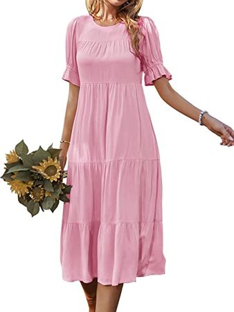 GAOVOT Women's Summer Casual Plain Simple Dresses Ruffle Puff Short Sleeve Loose Tunic Dress Flowy Tiered Midi Dress