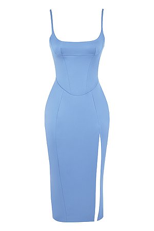 Clothing : Midi Dresses : 'Casimira' Cornflower Blue Satin Corset Midi Dress