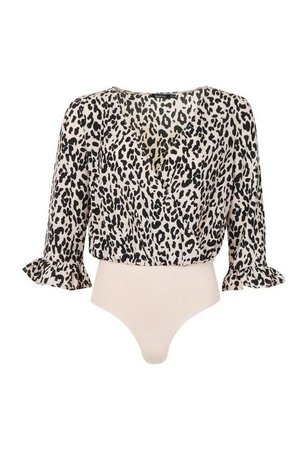 Leopard Ruffle Sleeve Bodysuit | Boohoo