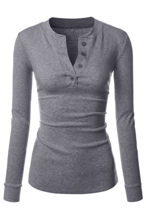 Dark Grey Slim Fit Henley Neck Long Sleeved Tops Womens Clothing Store