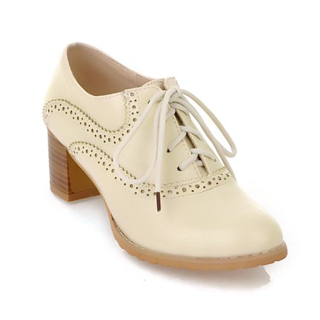 Brogue Womens Oxford Lace Up Wing Tip Retro Mid Chunky Heel Slip On Shoes Beige on Luulla