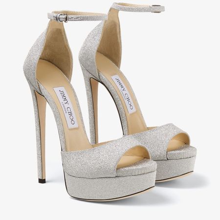 Metallic Silver Glitter Fabric Platform Stiletto Sandals|MAX 150 |Cruise '20 |JIMMY CHOO
