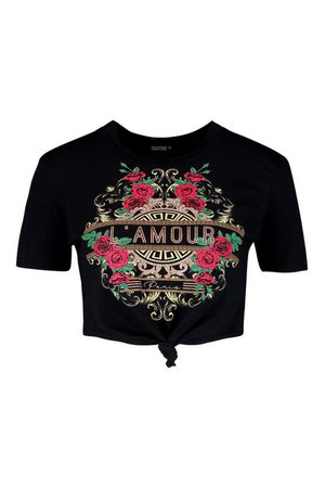 Rose L'amour Knotted Crop T-Shirt | boohoo