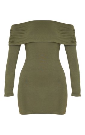 Khaki Ruched Shoulder Bardot Bodycon Dress | PrettyLittleThing