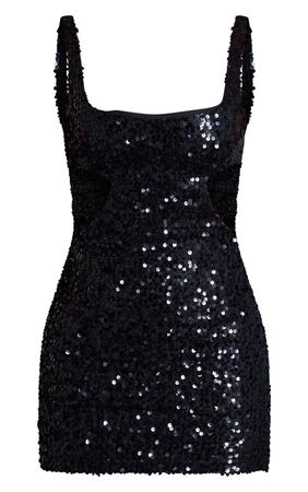 Black Sequin Side Cut Out Strappy Bodycon Dress | PrettyLittleThing USA