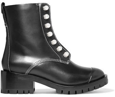 Lug Sole Zipper Embellished Leather Ankle Boots - Black