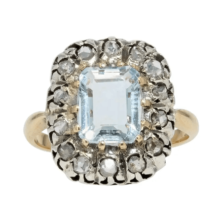 French 19th Century Aquamarine Diamonds 18 Karat Yellow Gold Ring