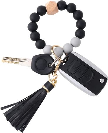 BAOSIWA Women Silicone Keychain Bracelet Beaded Wristlet Key Ring Black Bangle Chains with Leather Tassel at Amazon Women’s Clothing store