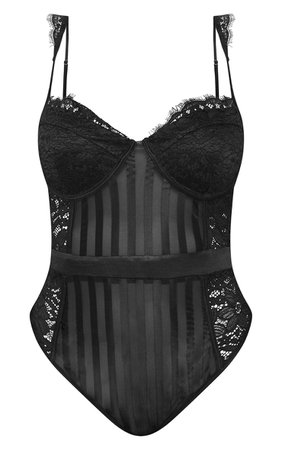Shape Black Lace Mesh Stripe Bodysuit | PrettyLittleThing USA