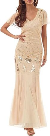 Amazon.com: Wedding Guest Flapper Dresses for Women 1920s Short Sleeve Mermaid Evening Gowns Cocktail Gatsby Maxi Long Dresses : Clothing, Shoes & Jewelry