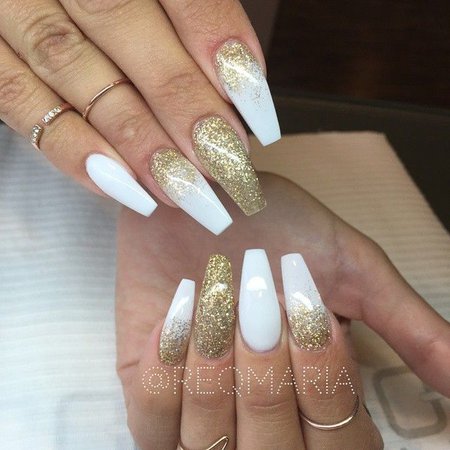 White Nails with gold gitter