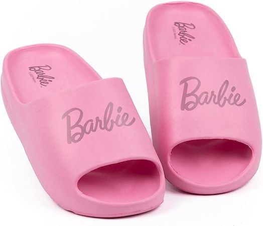Amazon.com | Barbie Womens Sliders Ladies Pink Doll Logo Summer Beachwear Shoes | Slides