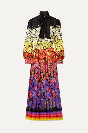 Black Pussy-bow printed silk-twill gown | Gucci | NET-A-PORTER