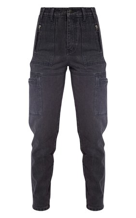 Washed Black Zip Cargo Pocket Boyfriend Jeans | PrettyLittleThing