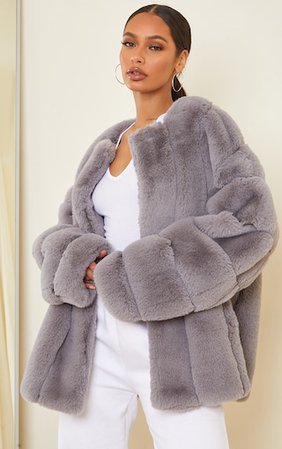 Grey Premium Faux Fur Vertical Bubble Coat | PrettyLittleThing USA